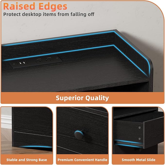 Nightstand with Charging Station and LED Light,Modern Nightstand with USB Ports and Outlets,Wooden Bedside Tables with 2 Storage Drawers,Small Dresser for Bedroom Small Space,Black