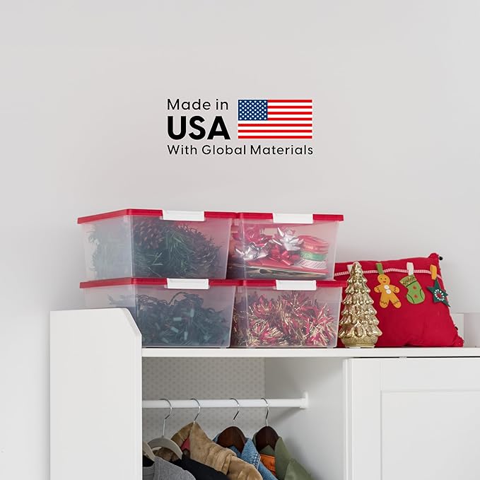 IRIS USA 12 Qt. Plastic Storage Bins Containers with Lids, 4 Pack, Sensory Bin, Craft Storage, Craft Organizers and Storage, Organizing Container for Home, Office School Supplies, Stackable, Clear/Red