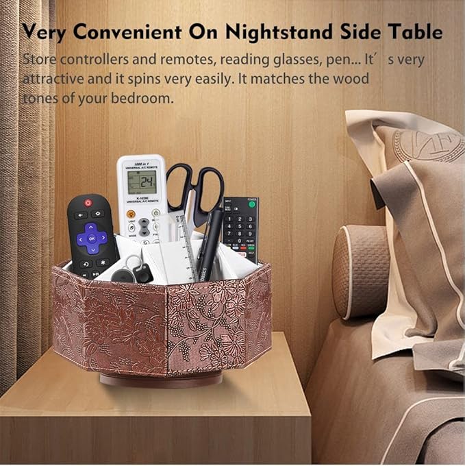 PU Leather Remote Control Holder,360 Degree Spinning TV Remote Caddy,9 Grids Desk Organizers and Accessories for Storage Controller,Calculator,Mail,Media,Pen,Phone etc (Antique)