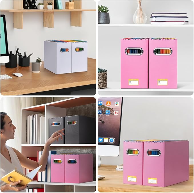 BALEINE File Organizer Box, Cardboard File Folder Organizer with Handle for Letter Size, Portable Collapsible Hanging Filing Box for Home Office Document Storage (2 Pack, Pink)