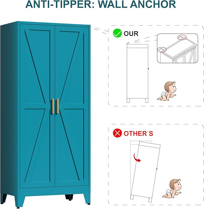 71" Tall Metal Wardrobe Closet with Adjustable Shelves and Hanging Rod, 2 Doors Free Standing Armoire Wardrobe Cabinet for Bedroom, Office, Laundry Room, Blue