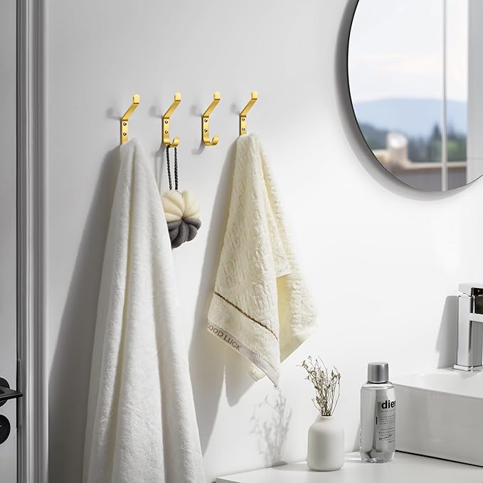 Coat Hooks Wall Mount for Hanging: 20LB Sturdy Hanger for Backpack, Towel, Bag, for Closet, Bathroom, Door, Mushroom, Brushed Gold 4 Pack, 3.75"