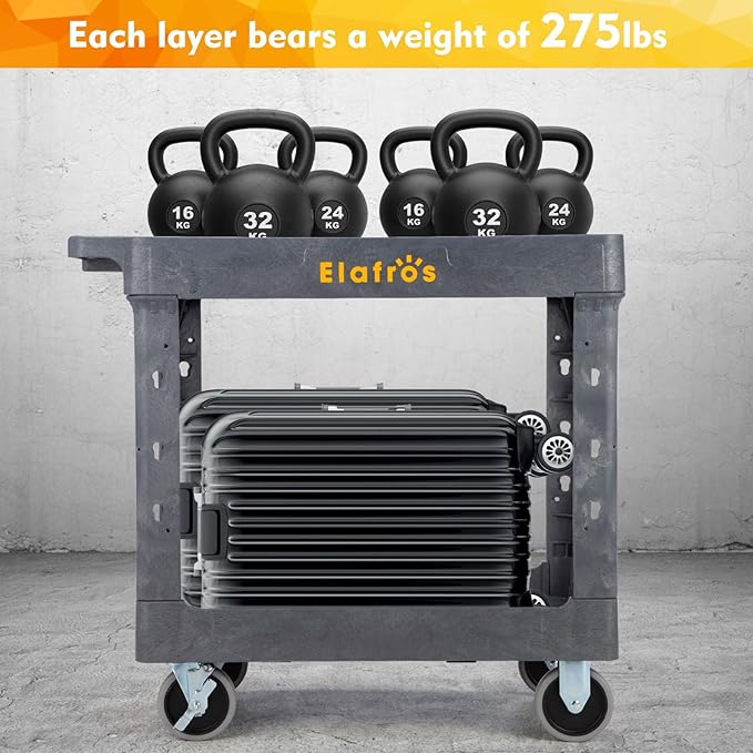 ELAFROS Heavy Duty Plastic Utility Cart 34 x 17 Inch - Work Cart Tub Storage W/Deep Shelves and 2 Fixed 2 Swivel Wheels Safely Holds up to 550 lbs - 2 Tier Service Cart for Warehouse,Garage, Gray