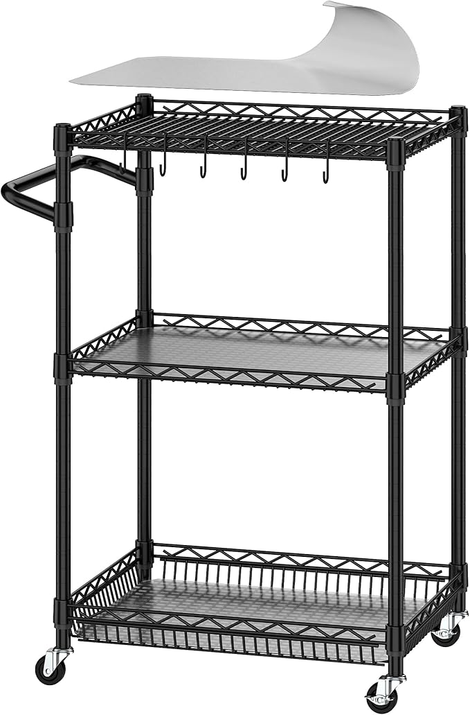 3 Tier Rolling Cart with Wheels, Metal Utility Cart for Storage Heavy Duty Wire Trolley for Kitchen Serving Grocery Food with 3 Shelf Liners 6 Hooks, 18 x 23.8 x 37 Inches, Black