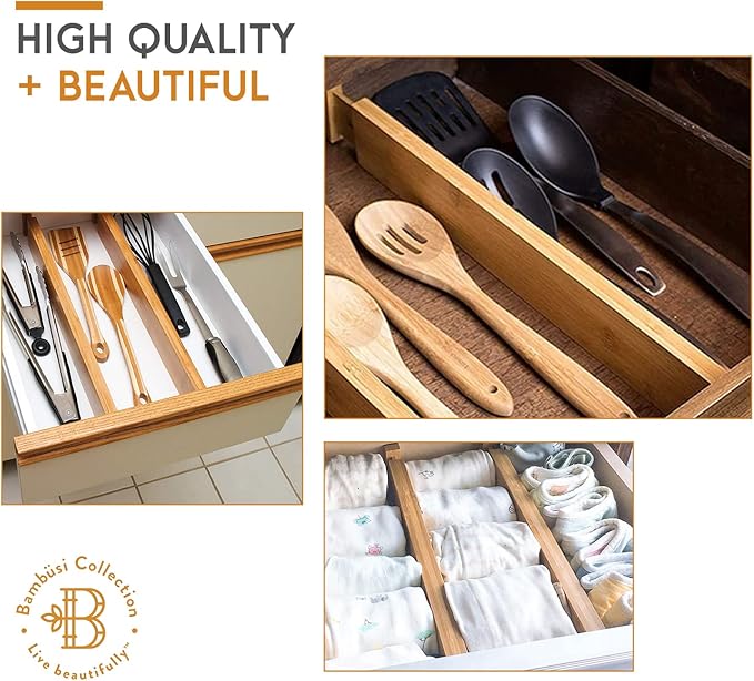 4 Pack Drawer Divider - Bamboo 2.6" High, 12.5-17" Adjustable Drawer Organizers for Clothes, Expandable Dresser Separators in Bedroom, Bathroom, Kitchen, Office Organization and Storage