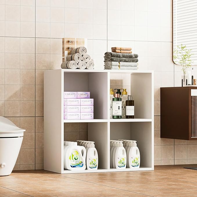 COMHOMA 4 Wood Cube Storage Organizer with Open Back and Removable Back Panels, 11In White Cube Storage Bookshelf, Cubicle Shelf Bookcase for Home Office Bedroom Living Room, Vertical or Horizontal