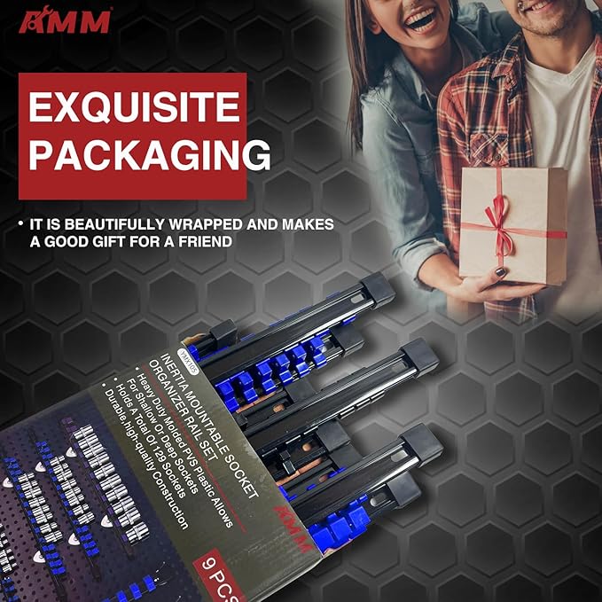 AMM 9-Piece Socket Organizer, 1/2 inch, 3/8 inch and 1/4 inch Drive ABS Tools-Blue Socket Holder,Heavy Duty Socket Racks, Premium Quality Socket Clip Rail Holder,The best tool trays in the garage