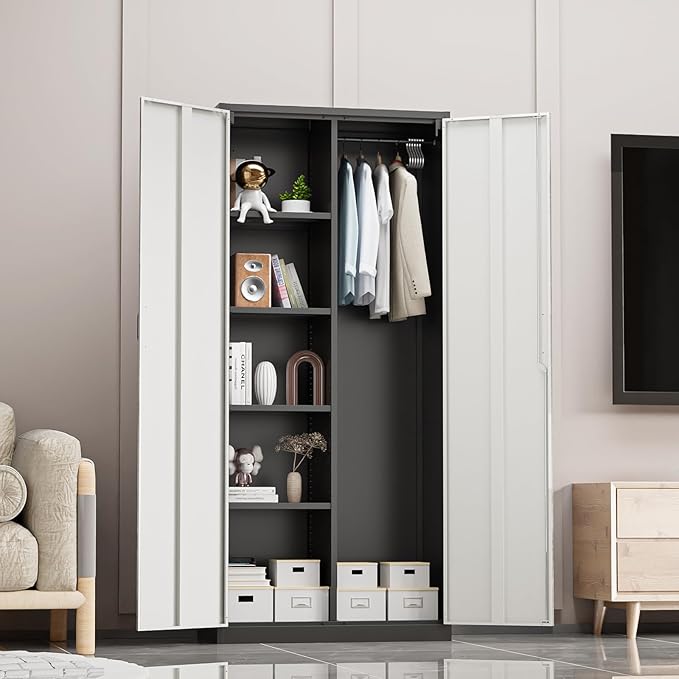 VINGLI Metal Storage Cabinet with Hanging Rod, 4 Adjustable Shelves, Lock Doors with Modern Gray Pattern Design, Armoire Wardrobe Closet Tool Functional Cabinet for Home, Office, Garage (Gray & Black)