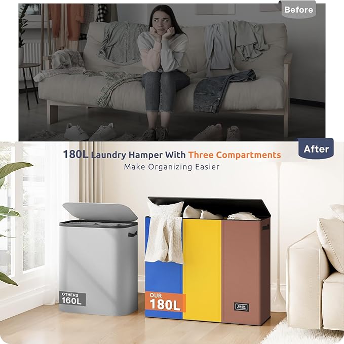 SOLEDI 180L Laundry Hamper 3 Section, Extra Large Laundry Hamper with Lid, Dirty Clothes Hamper with Sturdy Handle, Large Laundry Basket Organizer for Laundry Room, Bedroom, Hampers for Laundry