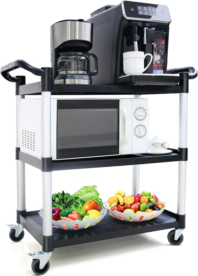Utility Carts with Wheels,3-Tier Rolling Cart with Wheels, Heavy Duty 510 LBS Food Service Cart with Rubber Pad and Hammer for Kitchen/Office/Warehouse, 31.5" X 16.9" X 38.9"(Black)