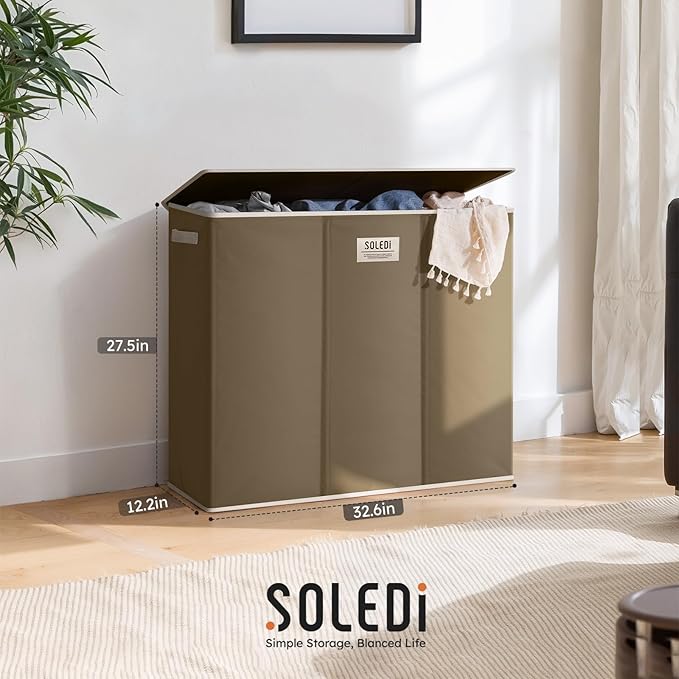 SOLEDI 180L 3-Section Laundry Hamper with Lid, Extra Large Dirty Clothes Basket with Sturdy Handles for Laundry Room & Bedroom - Durable Organizer for Sorting Laundry