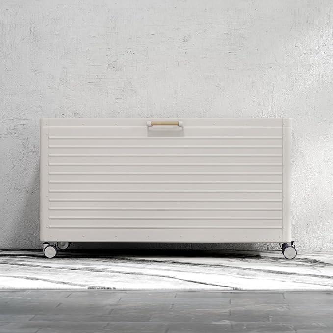 MIRADOR 134 Gallon Outdoor Storage Box Waterproof, Metal Deck Box with wheels for Patio Furniture, Garden Tools, Outdoor Cushion, Latte