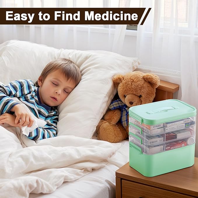 4-Tier Portable Medicine Cabinet Organizer, Large Medicine Storage Box with Handle, Plastic First Aid Box Empty, Multipurpose Medical Supply Organizer, Medication Storage with 3 Removable Tray (Green)