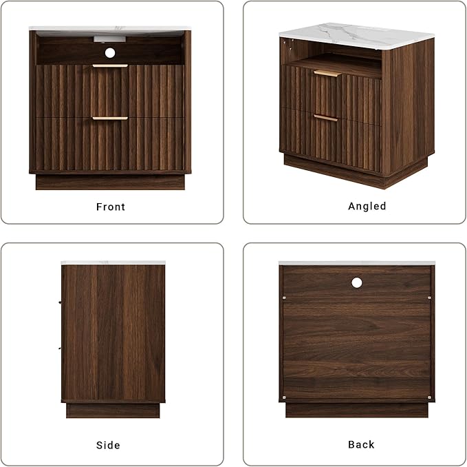 Large Fluted Night Stand with Charging Station, 23" Modern End Table with Faux Marble Top, 2 Drawers Nightstand with Storage, Side Table for Bedroom Living Room, Curved Profile (Walnut)