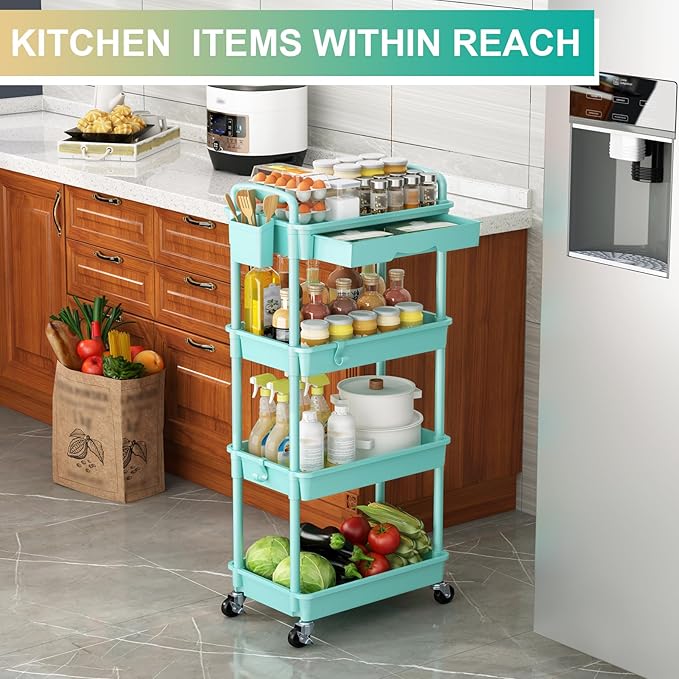 Goovilla 4 Tier Rolling Utility Cart Organizer with Removable Drawer, Stable and Sturdy Blue Rolling Storage Carts with 2 Lockable Wheels for Bathroom, Kitchen, Snack, Craft, Makeup, Baby Essentials