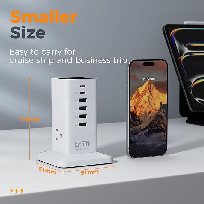 USB Charging Station for Multiple Devices PD 65W, TESSAN 9-in-1 USB C Charger Block for iPhone 17/16/15, MacBook, Tablet, Type C Desktop Charger with 3 AC, Home Travel Office Accessories, White