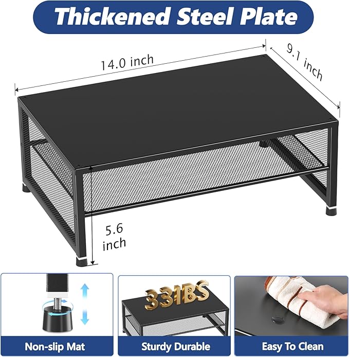 Desk Organizers and Accessories, 2-Tier Metal Computer Monitor Stand Riser, Desk Organizer for Monitor, Printer & Laptop Stand, Desktop Workspace Organizers for Office Supplies(Black 2-Pack)