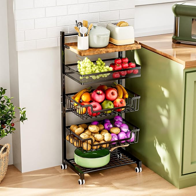 HapiRm Fruit Basket Kitchen Cart - 5 Tier Adjustable Vegetable Storage Rack, Large Capacity Rolling Kitchen Carts on Wheels for Snack Onion and Potato Storage