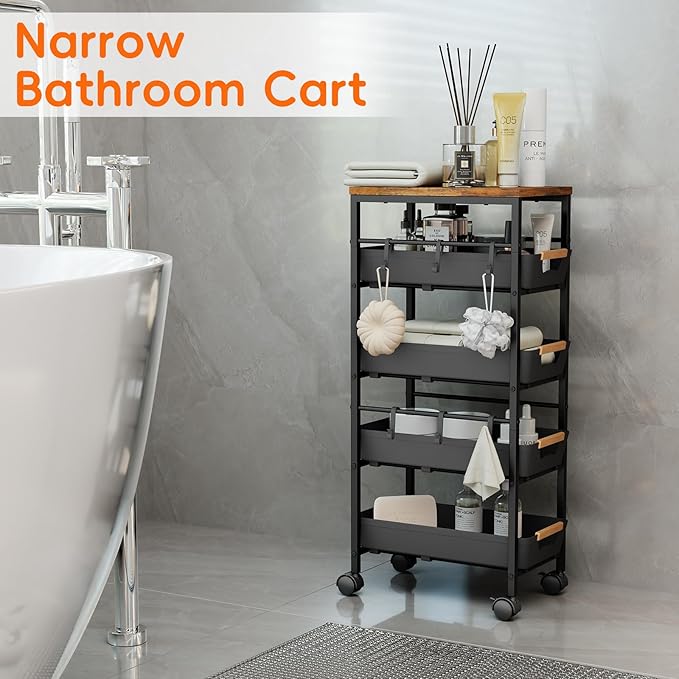 5-Tier Slim Storage Cart, Wooden Top Rolling Kitchen Cart with Pull-Out Baskets & Wheels, Narrow Space Utility Cart Slide Out Organizer for Kitchen, Bathroom, Laundry Room, Black