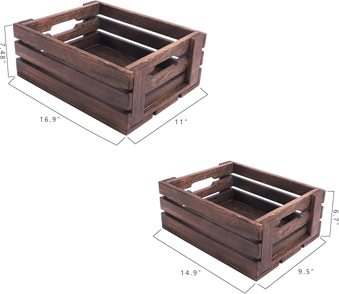 ARTAWEIN Rustic Vintage Finished Wooden Crate with Handles - Nesting Storage, Display, Organization Crate for Party, Office, Bedroom, Kitchen and Closet (Rustic Black set of 2)