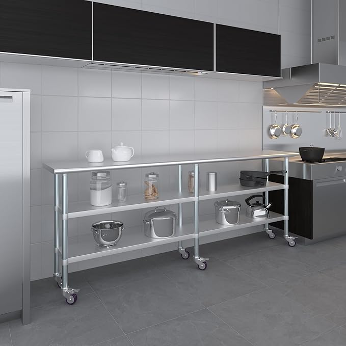 AmGood Stainless Steel Work Table with 2 Shelves and Casters | Metal Utility Table On Wheels (Stainless Steel, 96" Long x 18" Deep)
