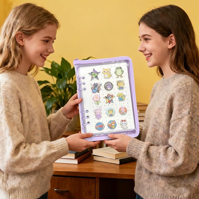 Enamel Pin Display Book - Portable 6 Pages A5 Enamel Pin Collection Holder Trading Book for Storing Pins Brooches Patches, Pin Storage Organizer for Travel Collectors (Purple)