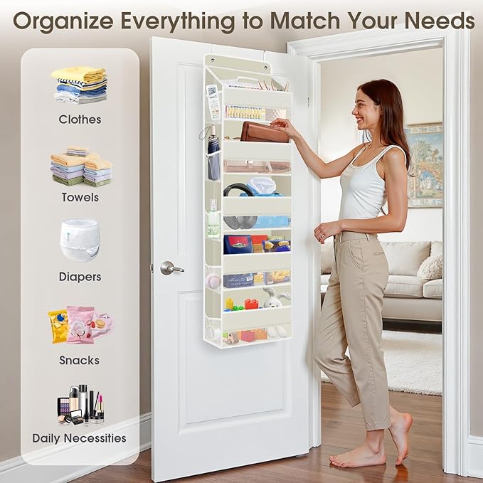 1 Pack Over The Door Organizer, Hanging Storage Organizer with Clear Window, 40lb Ultra Sturdy Large Capacity Room Organizer for Pantry Bathroom Nursery Closet Baby Essential (Beige)