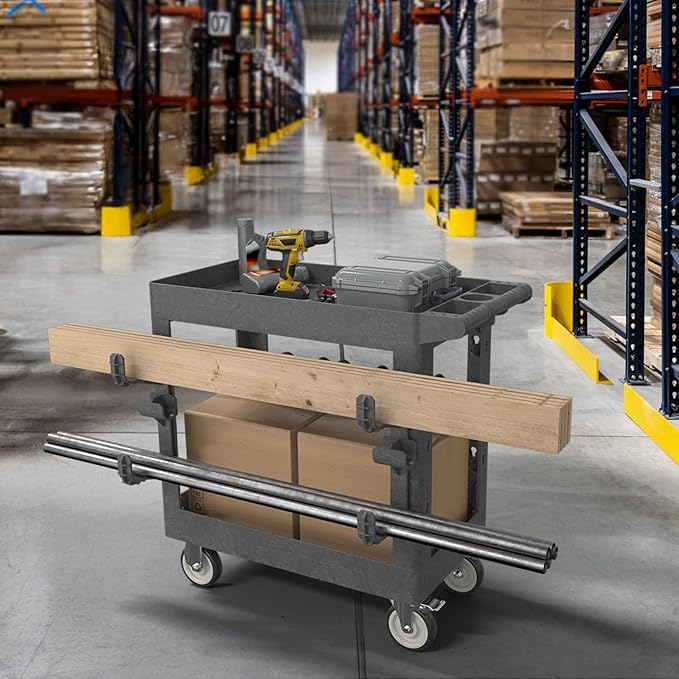 34"*17" Heavy Duty Utility Cart, 2 Shelf Plastic Rolling Cart Tool Cart with Ergonomic Handle 5" Swivel Casters 4 Hooks 1000lbs Capacity for Garage, Warehouse, Cleaning