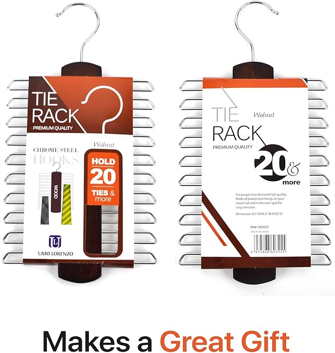 Umo Lorenzo Premium Wooden Tie and Belt Hanger - Gift Set for Men - Walnut Wood Organizer and Storage Rack