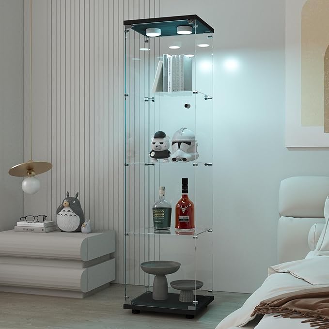 Beauty4U Glass Display Cabinet with Light, 4 Shelves, Curio Cabinets for Living Room, Bedroom, Office, Black Floor Standing Glass Bookshelf, Quick Installation