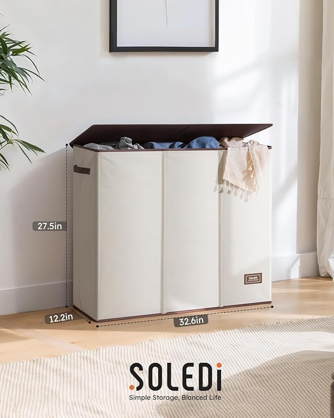 SOLEDI 180L Laundry Hamper 3 Section, Extra Large Laundry Hamper with Lid, Dirty Clothes Hamper with Sturdy Handle, Large Laundry Basket Organizer for Laundry Room, Bedroom, Hampers for Laundry