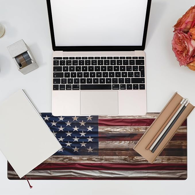 Large Gaming Mouse Pad for Desk,Wooden American Flag Desk Mat,Wooden USA Flag Desk Pad,Extended Big Computer Keyboard Mouse Pad with Non-Slip Base and Stitched Edge,31.5"x11.8"