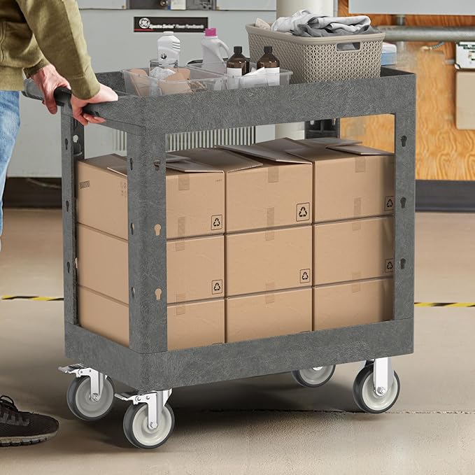 Large Garage Plastic Utility Cart, Heavy Duty 2 Shelf Tool Cart Service Cart Rolling Push Carts with Ergonomic Handle 5" Swivel Casters.