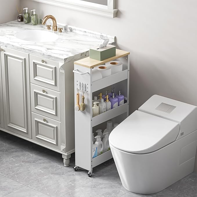 Slim Storage Cart, 4-Tier Kitchen Rolling Cart Narrow Storage Cabinet with Handle & Wheels, Metal Rolling Shelf Unit for Kitchen Bathroom Laundry Small Places (5.9IN White/Natural)