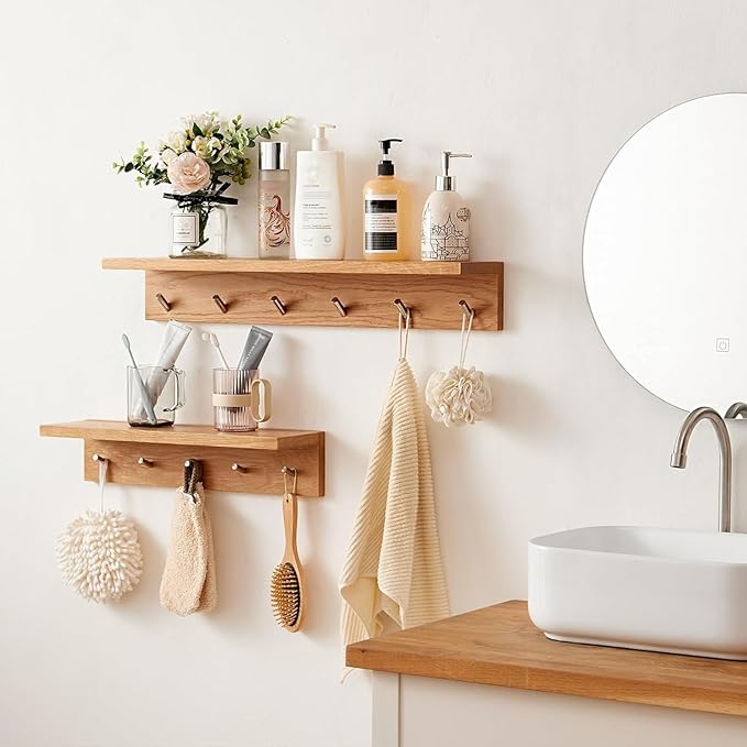 Oak Wood Coat Rack Wall Mount With Shelf 20 Inch Long, 5 Hooks, Floating Entryway Wall Shelf for Bathroom, Hallway, Living Room