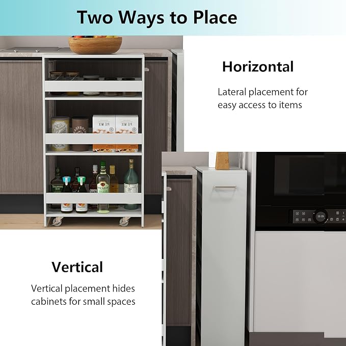 POWERSTONE 4-Tier Slim Storage Cart, Narrow Kitchen Rolling Cart w/Handle & Open Shelves, Skinny Slide Out Utility Organizer Trolley for Kitchen Bathroom Laundry Small Spaces White