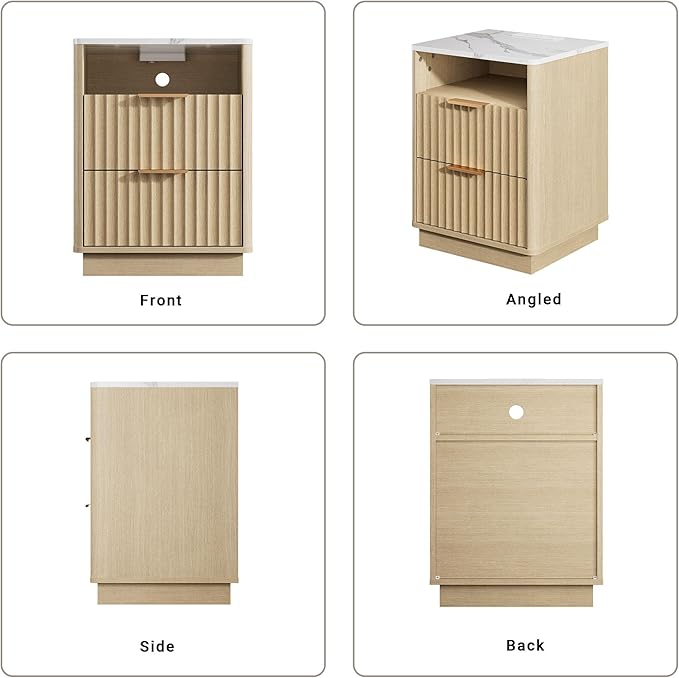 Fluted Night Stand with Charging Station, 18" Modern Nightstand with Faux Marble Top, 2 Drawers End Table with Storage, Bedside Table for Bedroom Living Room, Curved Profile (Natural Oak)