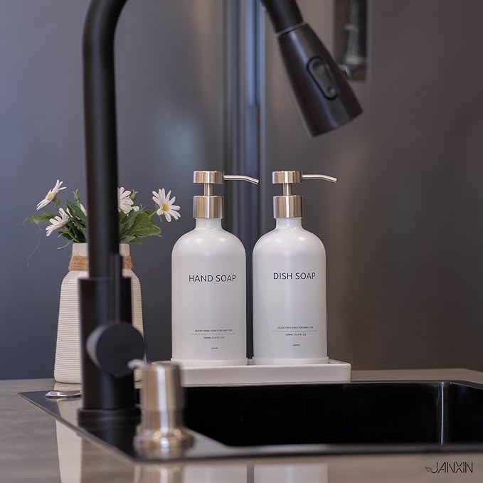 Glass Kitchen Soap Dispenser Set with Ceramic Tray,16.9 floz Hand and Dish Soap Dispenser for Kitchen and Bathroom Decor (White Bottles + Silver Pumps)