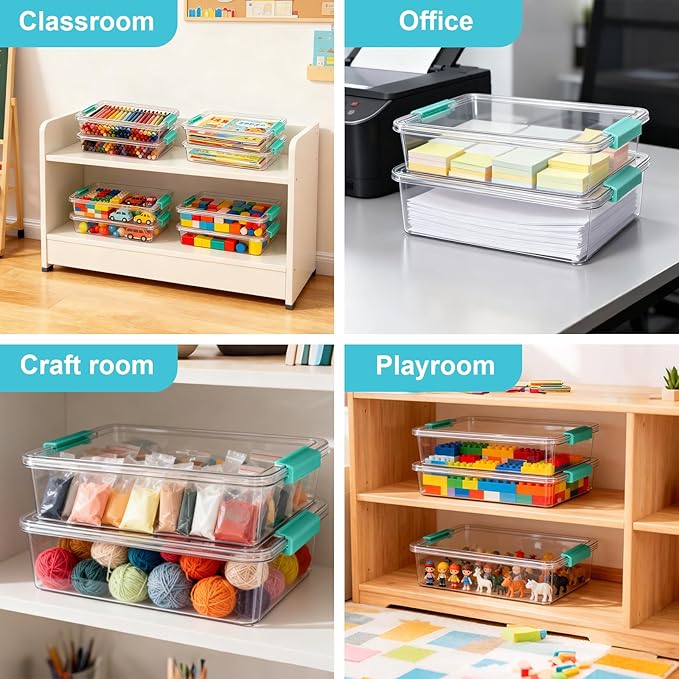 6 Qt Clear Plastic Storage Bins Containers with Lids, Arts Crafts Organizers and Storage, Stackable Containers for A4 Paper File Scrapbook Documents for Home Office and School Supplies 2 Pack