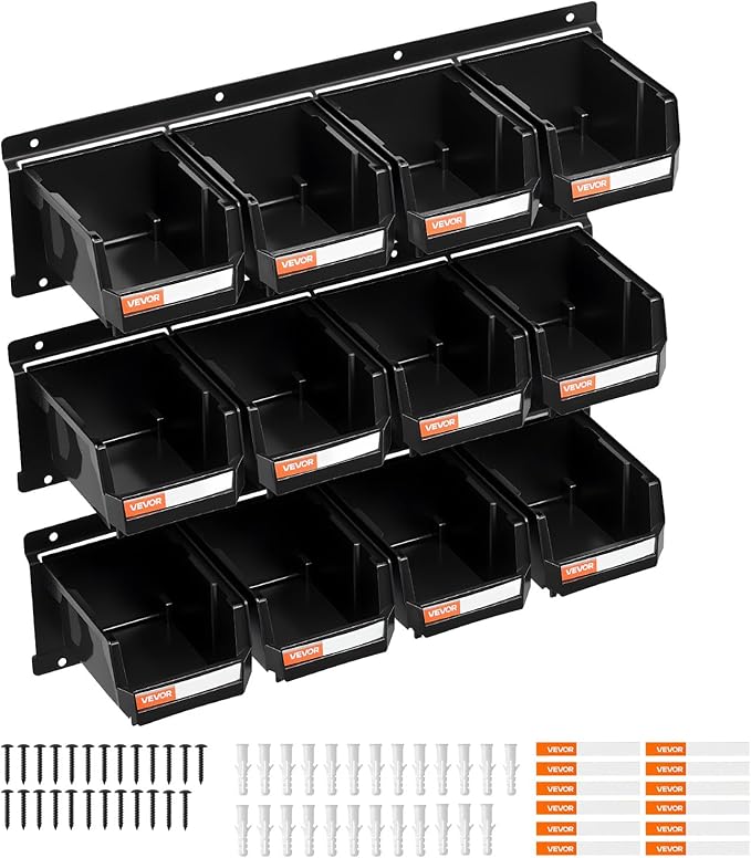 VEVOR Wall Mounted Storage Bins, 12 Plastic Bins & 3 Metal Rails, Plastic Hanging Stackable Storage Bin for Screws, Nuts, Bolts, Nails, Hardware Tool Organizer for Workshop, Craft Room, Garage, Black