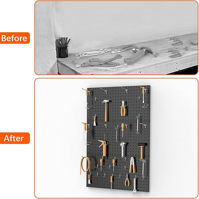 TORACK 3 PCS Metal Pegboard Panels for Wall Garage Utility Tools Storage Pegboard for Workbench, Shop, Modular Peg Board Tool Organizer Boards(Pack of 3, Black)