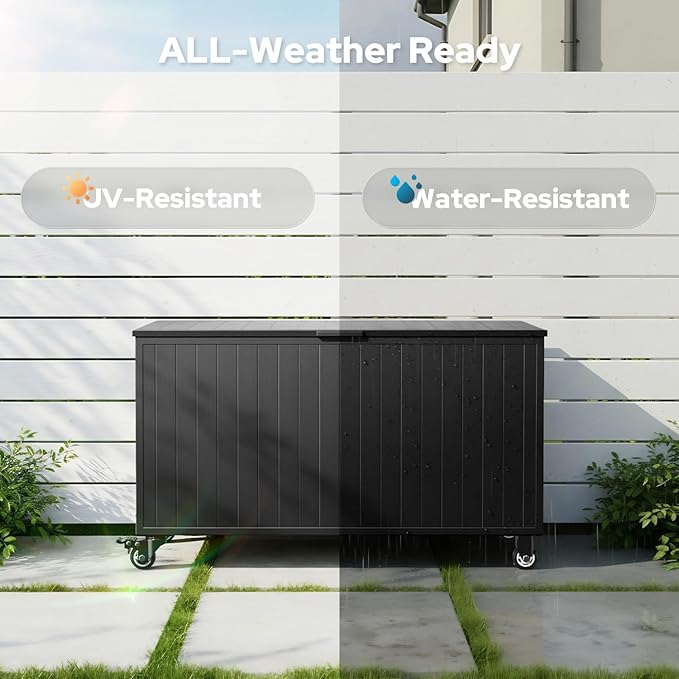 Outdoor Storage Box with Wheels 150 Gallon, Metal Deck Boxes Waterproof, UV Resistant Patio Storage Box with Lid for Patio Furniture, Garden Tools (Black)