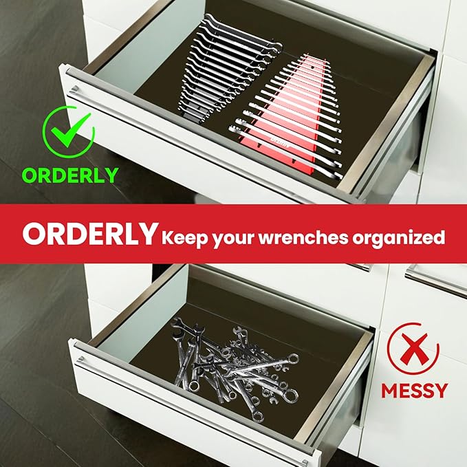 4 Pack Magnetic Wrench Organizer, 64-Slot Magnetic Wrench Organizer Tray for Tool Box & Wall Mounted,Wrench Holder Fit SAE (1/4" - 1-1/16") & Metric (6 mm-24 mm) Wrench Storage (4 pack)