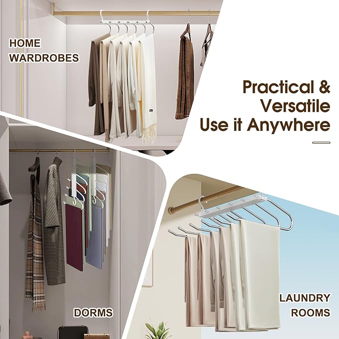 Space Saving Pants Hanger 6 Tier - Stainless Steel No Slip Multi Trouser Rack for Jeans, Slacks, Scarves - Vertical Folding Closet Organizer Saver for Men Women, 2 Pack