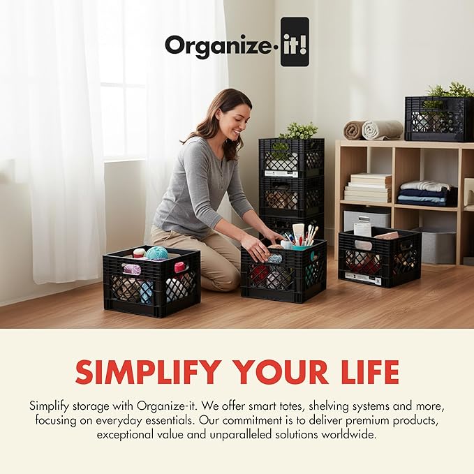 ORGANIZE-IT! 4 Pack Storage Milk Crate, Heavy Duty Versatile Box Organizers with Easy-Grip Handles, Interior 12.25"L x 12.25"W x 10.5"H, Black