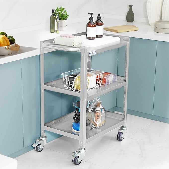 Hally Stainless Steel Utility Cart 3 Tier NSF Commercial Heavy Duty Metal Mobile Food Rolling Cart with Handle and Wheels for Kitchen, Restaurant, Hospital, Laboratory and Home, 31" L x 19" W x 34" H
