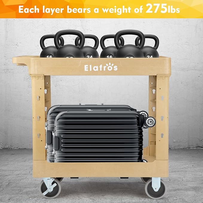 ELAFROS Heavy Duty Plastic Utility Cart 34 x 17 Inch - Work Cart Tub Storage W/Deep Shelves and 2 Fixed 2 Swivel Wheels Safely Holds up to 550 lbs - 2 Tier Service Cart for Warehouse,Garage, Sand