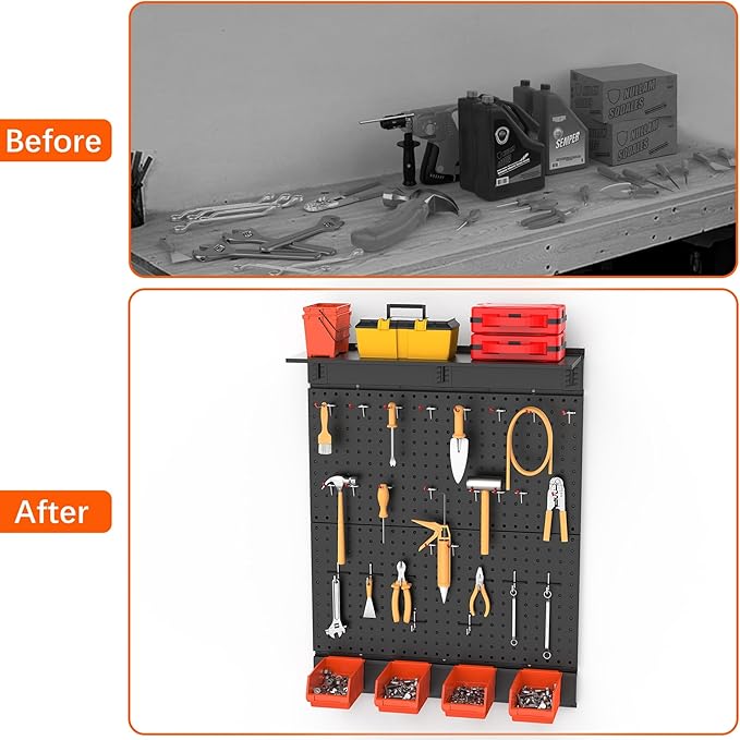 TORACK Garage Metal Pegboard with Accessories, Tools Organizer Peg Board with Pegboard Hooks, Bins, Tool Storage Pegboards for Wall(Black)