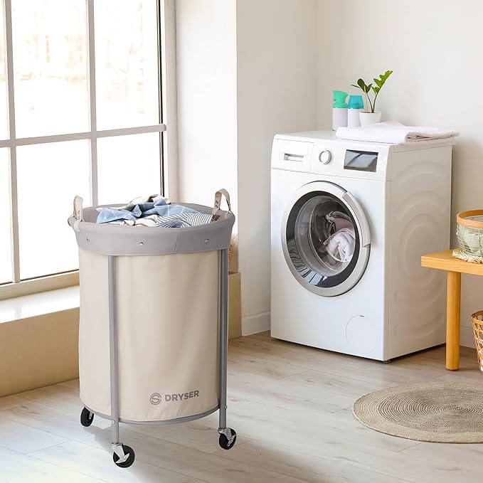 Dryser Laundry Basket with Wheels, 65 Gal. Commercial Round Rolling Laundry Hamper with Steel Cart, 4 Casters and 2 Brakes, Removable Liner - White