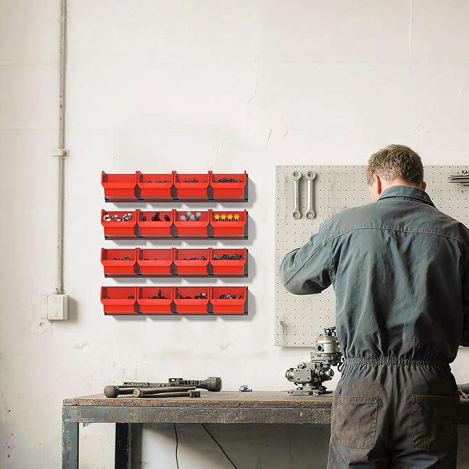 Ultrawall Wall Mounted Storage Bins, Plastic Hanging Storage Organizer Bins, Garage Tool Storage System for Screws, Nuts, Bolts, Nails, and Small Hardware Parts, 16x bins & 4 x rails, Orange